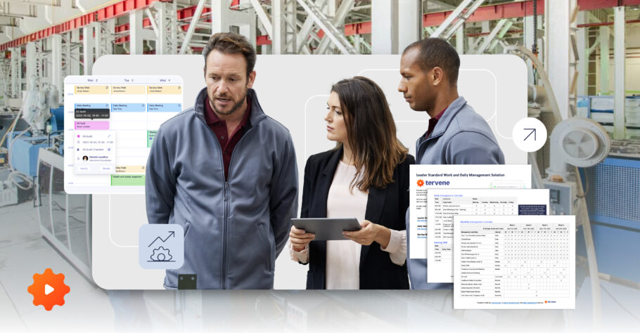 Three people in work jackets discuss in an industrial setting. The woman holds a tablet, while documents and scheduling software appear overlaid. Diagrams and graphs are visible. Machinery and equipment are in the background.