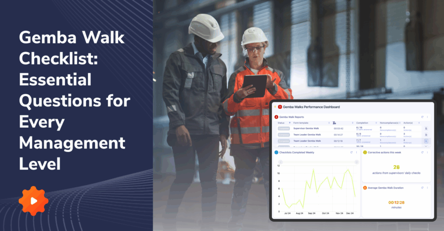 Two workers in safety gear use Tervene’s Gemba Walk Checklist on a tablet to identify and solve shop floor issues.