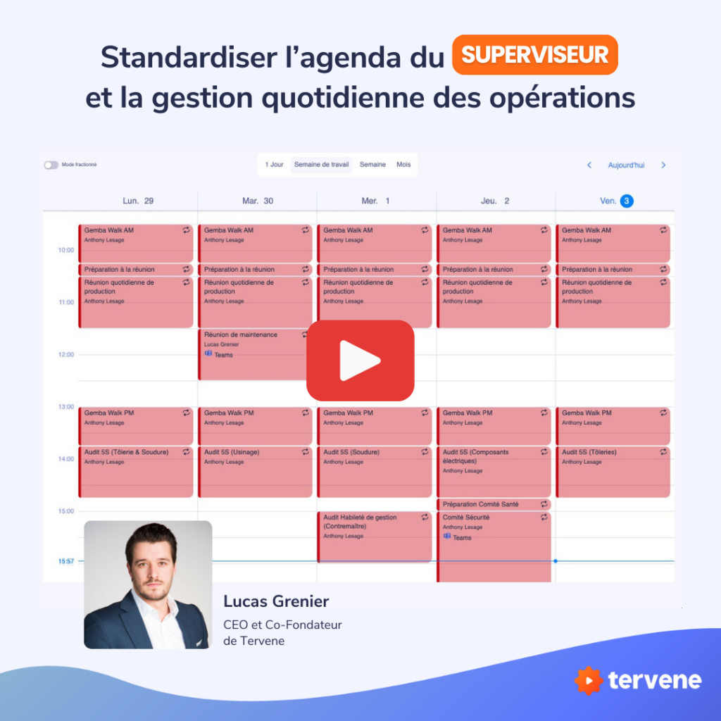 Capture du webinaire Tervene en collaboration avec le Mouvement Québécois de la Qualité présentant comment standardiser l’agenda du superviseur et améliorer la gestion quotidienne des opérations.