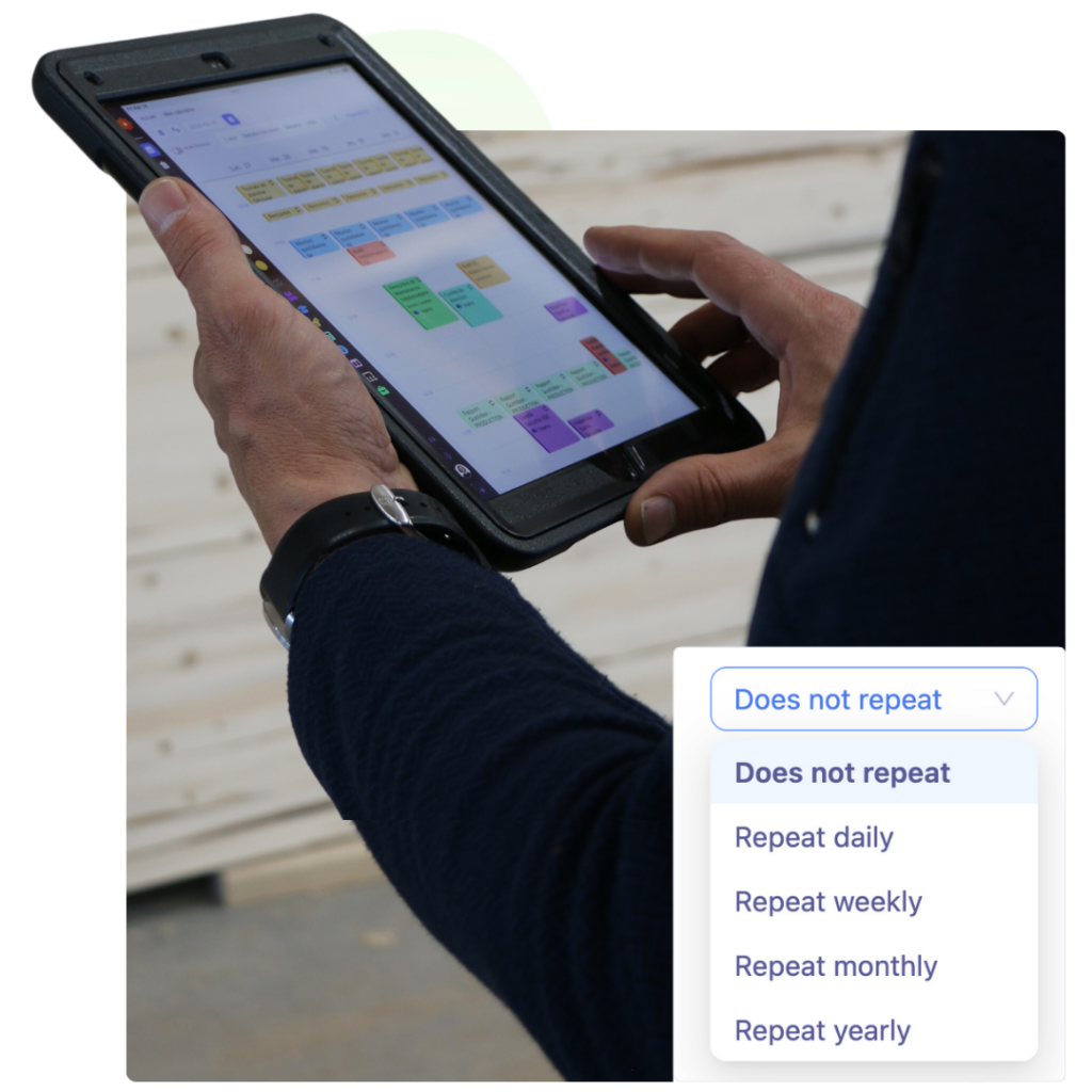 Tablet displaying Tervene’s LSW recurrence options for organizing Leader Standard Work activities.