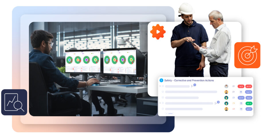 A professional analyzing digital dashboards on dual monitors, showcasing performance indicators and corrective action plans. Next to this, a supervisor in a hard hat consults with a senior colleague, symbolizing collaboration in workplace safety and strategic planning.