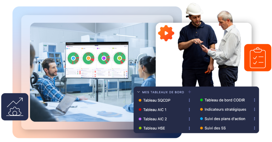 Une réunion de personnes dans une pièce, avec un ordinateur portable et une tablette sur la table analysent dans tableau de management visuel.