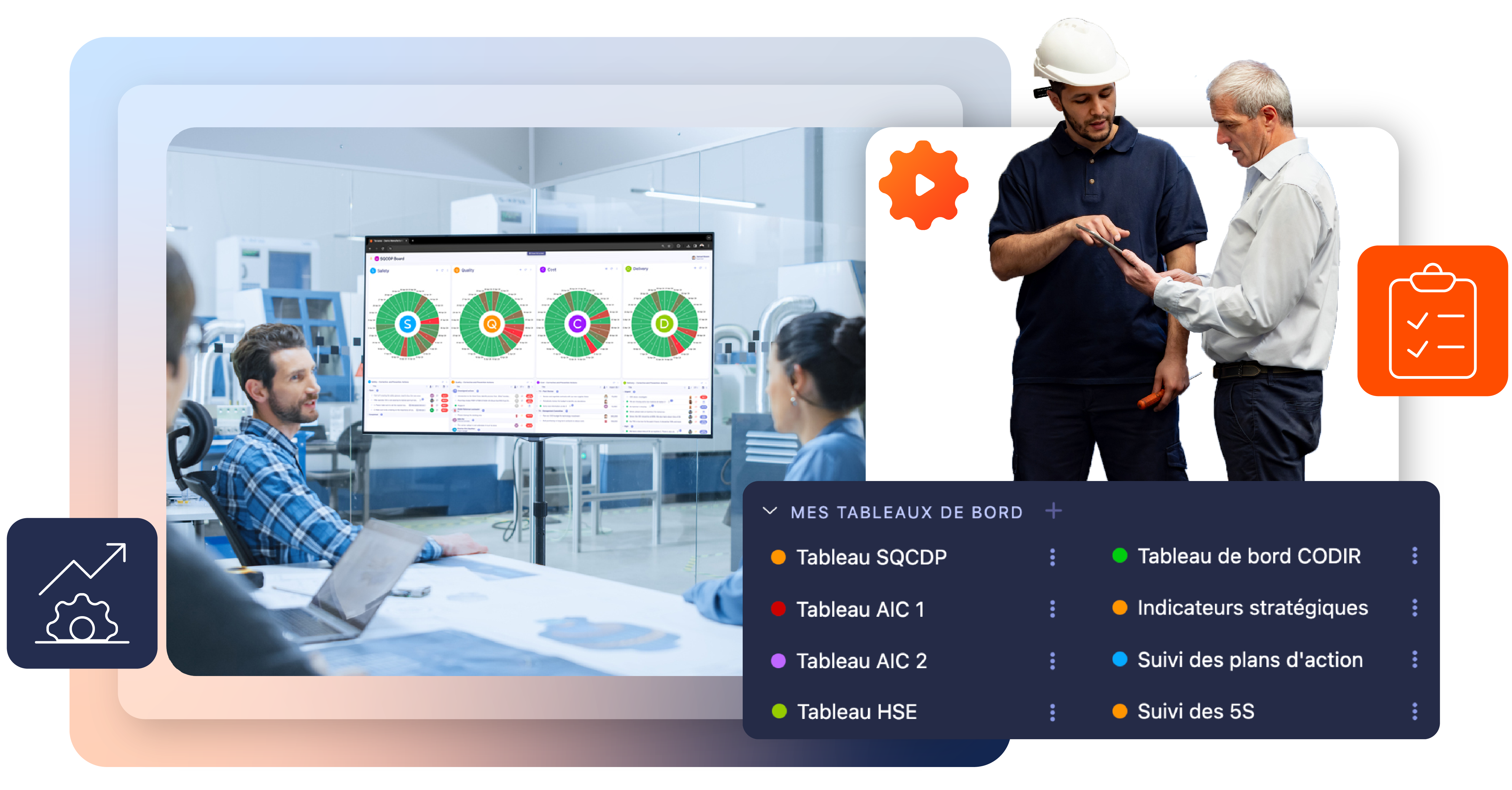 Une réunion de personnes dans une pièce, avec un ordinateur portable et une tablette sur la table analysent dans tableau de management visuel.