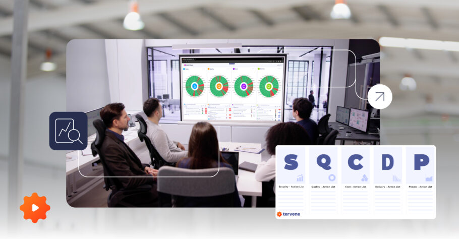 People in an Obeya Room analyzing circular charts and KPIs on a large screen.