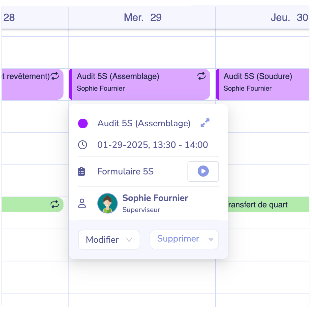 Le calendrier numérique dans DMS affiche les tâches « Audit 5S (Assemblage) », mettant l'accent sur la gestion visuelle et les améliorations d'efficacité.