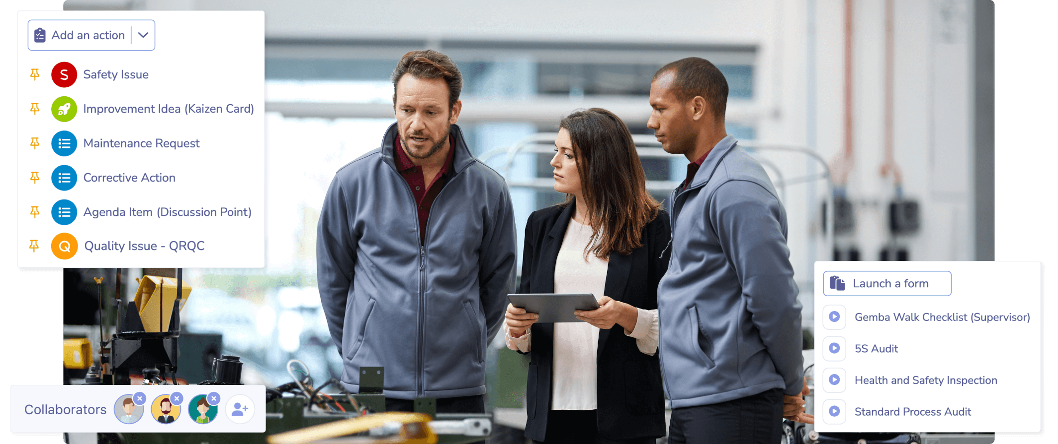 Managers in a shop floor making operational control with a Digital Daily Management System.