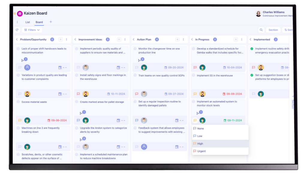 Kaizen boards with categorized tasks and notes in a digital interface.