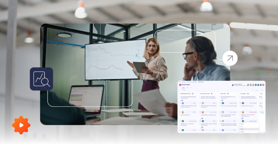 Woman presenting kaizen boards and charts to colleagues in a modern office meeting room.