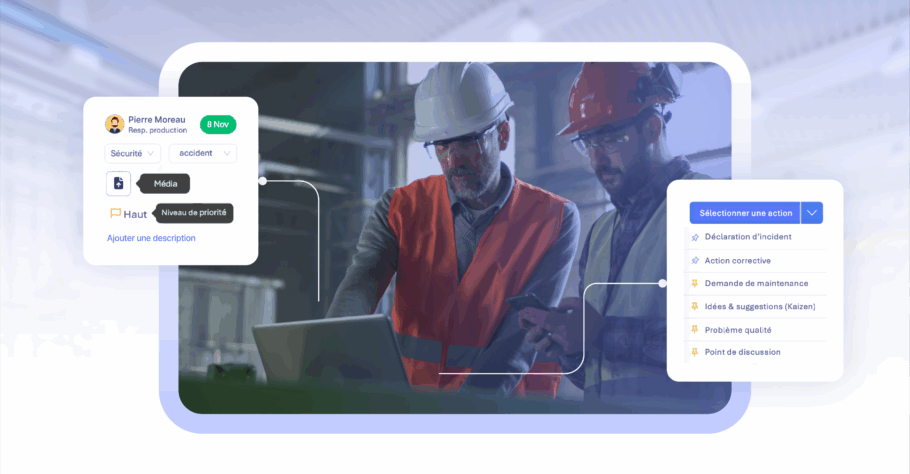 Two workers in safety gear use Tervene’s Digital Management System for real-time workflow and visual management.