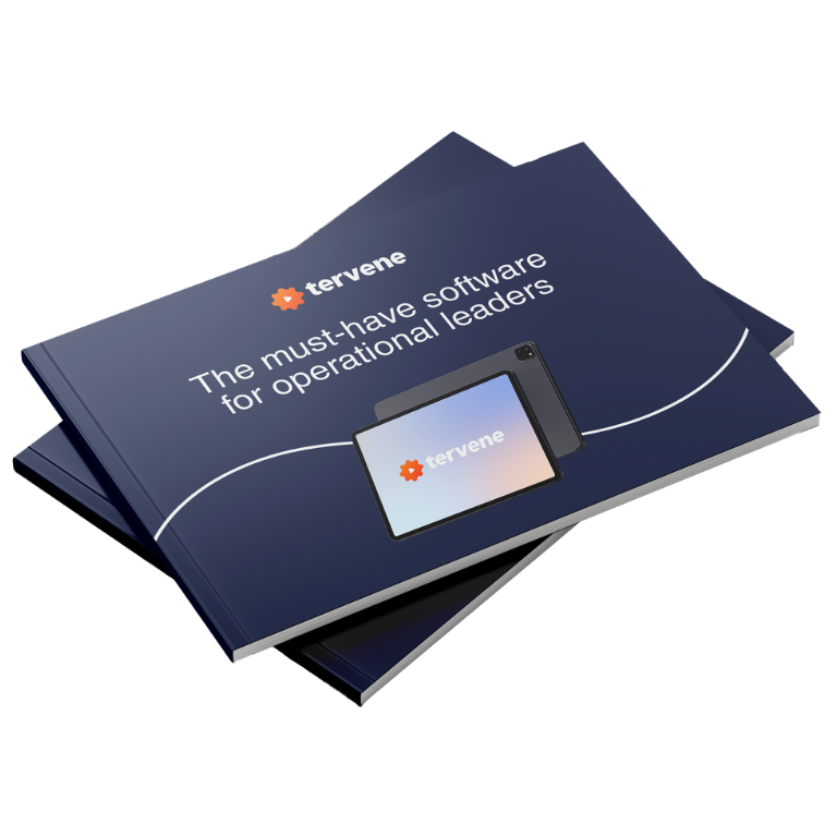 Tablet and booklets display Tervene’s DMS for leaders, highlighting Visual Management and Gemba Walks solutions.
