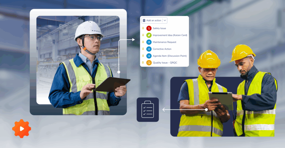 Engineers in safety gear use tablets for Gemba Walks; visual workflow icons highlight standardized daily management.