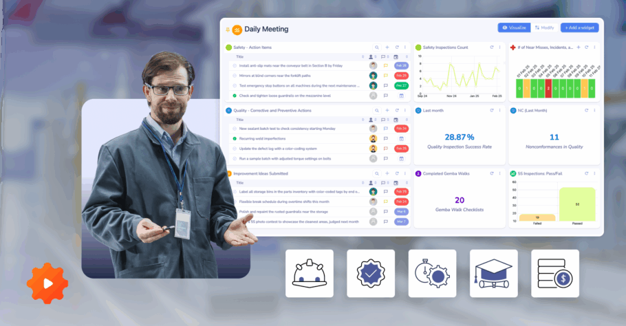 Man reviews digital FMDS dashboard, using Visual Management to monitor performance metrics and daily operations.