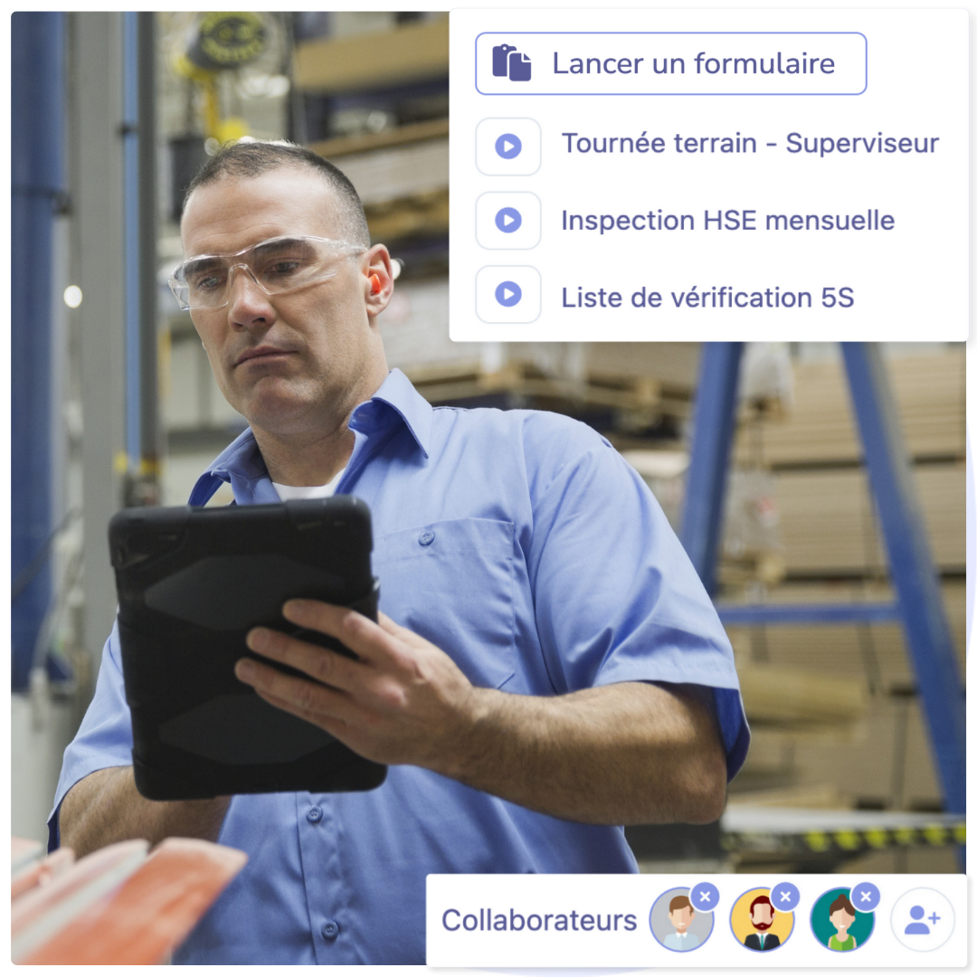 Supervisor with safety glasses uses Tervene’s DMS checklist on a tablet to ensure warehouse safety compliance.