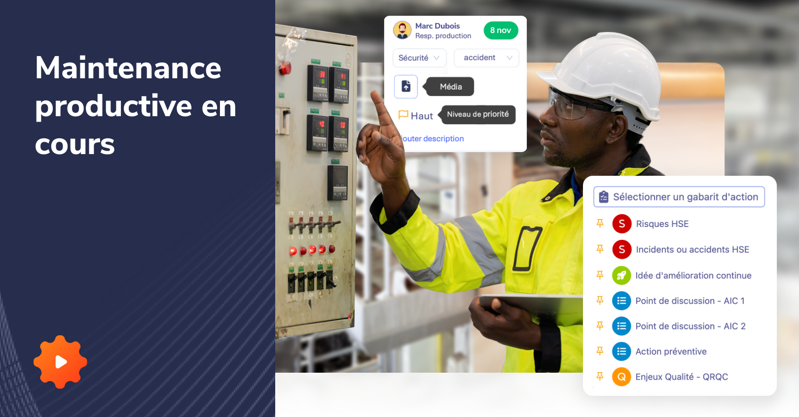 Un travailleur en équipement de sécurité utilise le système de gestion numérique pour inspecter et suivre la maintenance des panneaux de commande.
