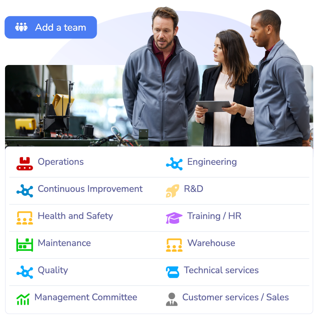 Three employees discuss shop floor challenges, referencing DMS and visual management solutions on a workspace chart.