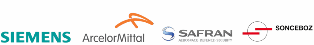 Siemens, ArcelorMittal, Safran logos with SINCE 80s brand—highlighting Gemba Walks to reduce waste.