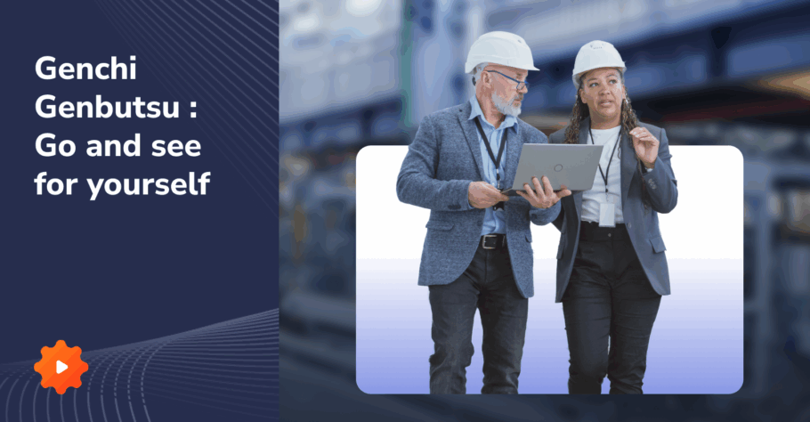 Two engineers use Visual Management at a laptop in an industrial setting to resolve on-site issues.