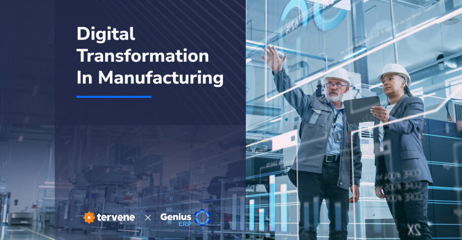 Two manufacturing leaders using digital tools on the shop floor, representing digital transformation in manufacturing with Tervene and Genius ERP.