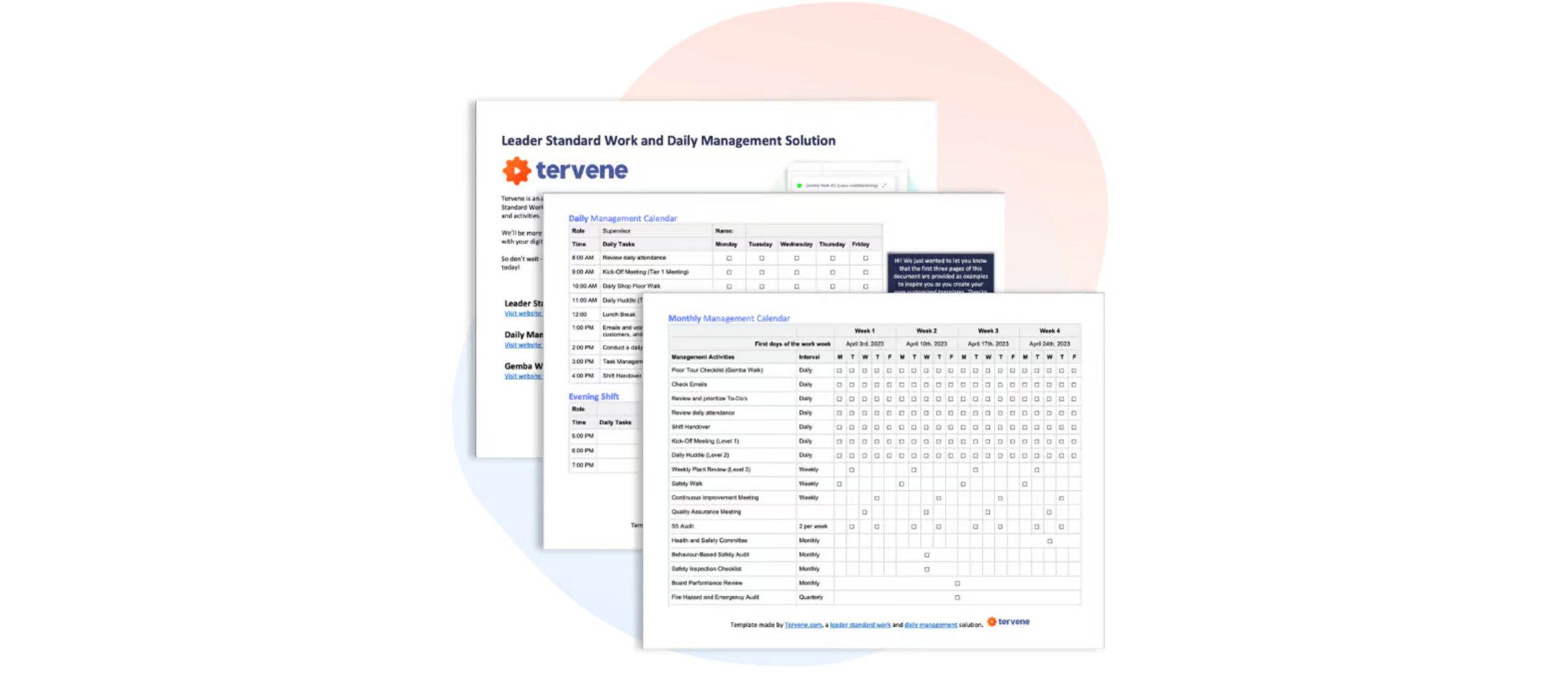 Overlapping Leader Standard Work templates highlighting LSW best practices with Tervene logo on white background.