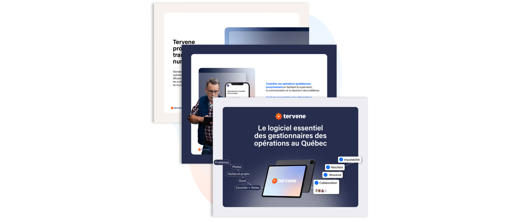 Trois diapositives superposées présentent les outils de DMS et de Visual Management de Tervene pour les chefs d'exploitation du Québec.