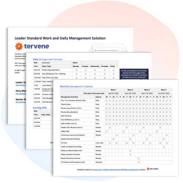 Leader Standard Work and management calendar templates by Tervene, supporting LSW and visual management.