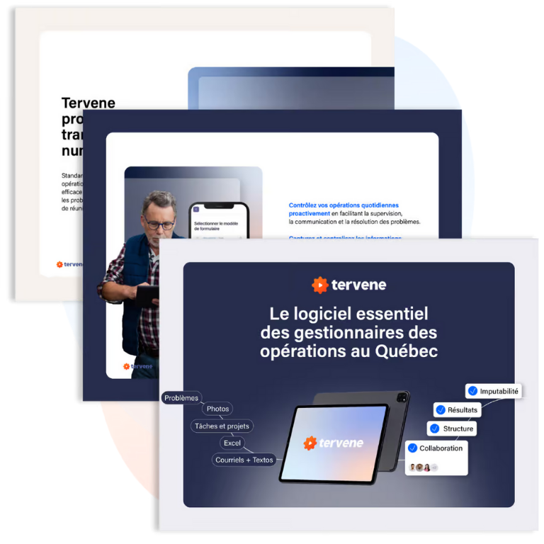 Trois diapositives superposées illustrent les outils DMS et Visual Management de Tervene pour l'efficacité opérationnelle.