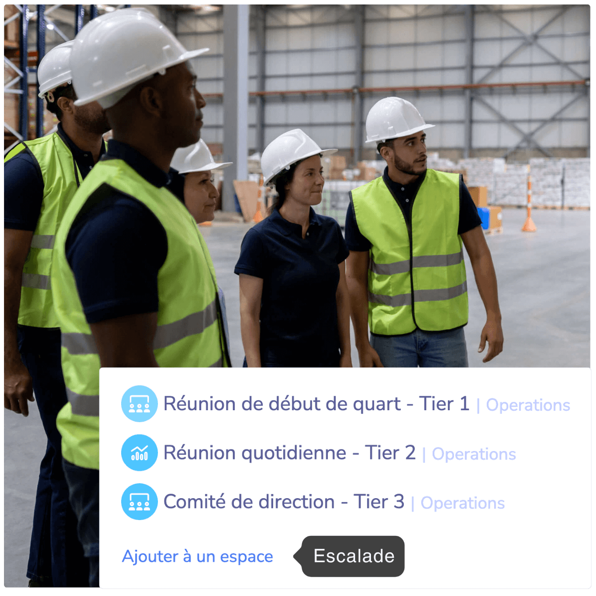 Des employés d'entrepôt vêtus de gilets de sécurité participent à un Gemba Walk en utilisant Tervene pour le suivi en temps réel des problèmes.