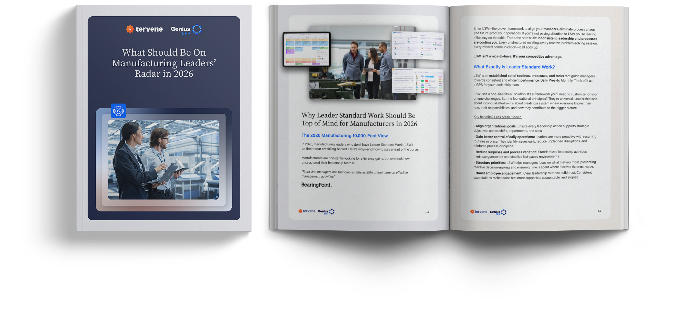 Preview of the eBook ‘What Should Be on Manufacturing Leaders’ Radar in 2026,’ featuring cover design and inside pages on Leader Standard Work (LSW).