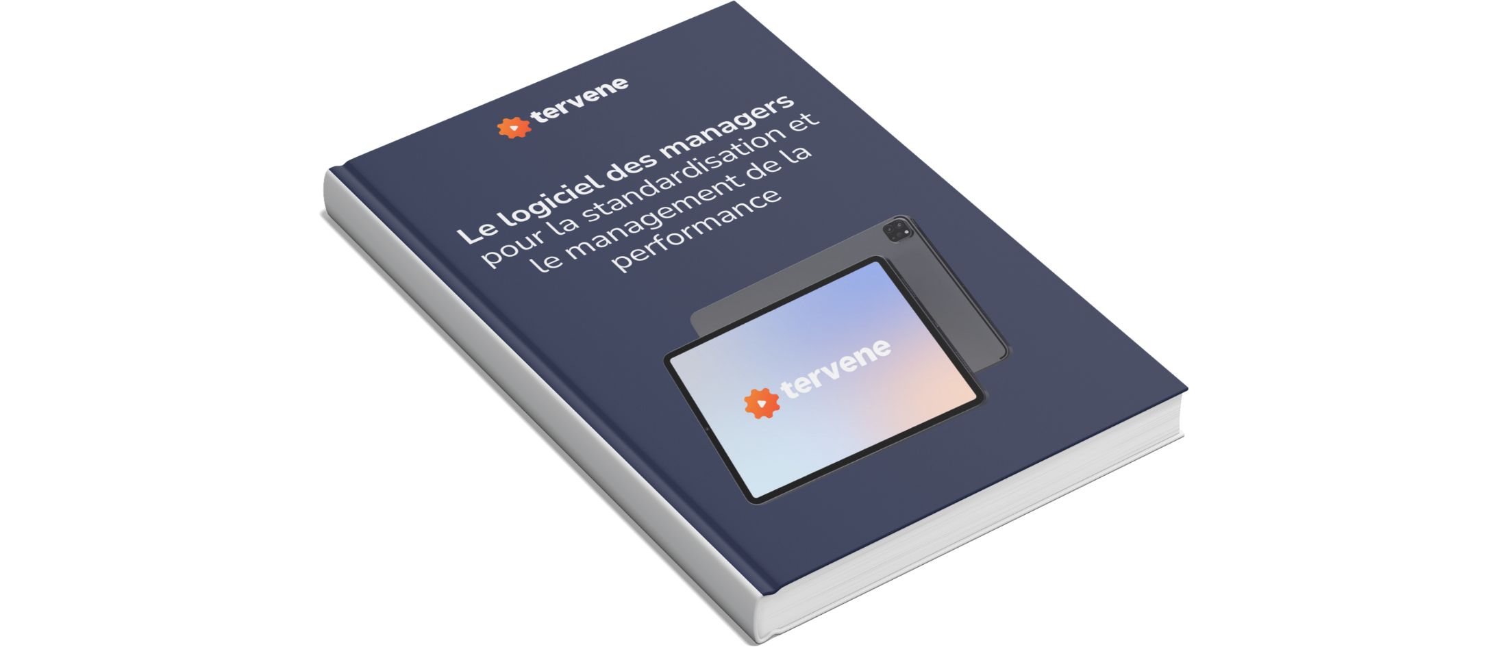 Book titled Le logiciel des managers, tablet, and Tervene logo highlighting Visual Management solution.