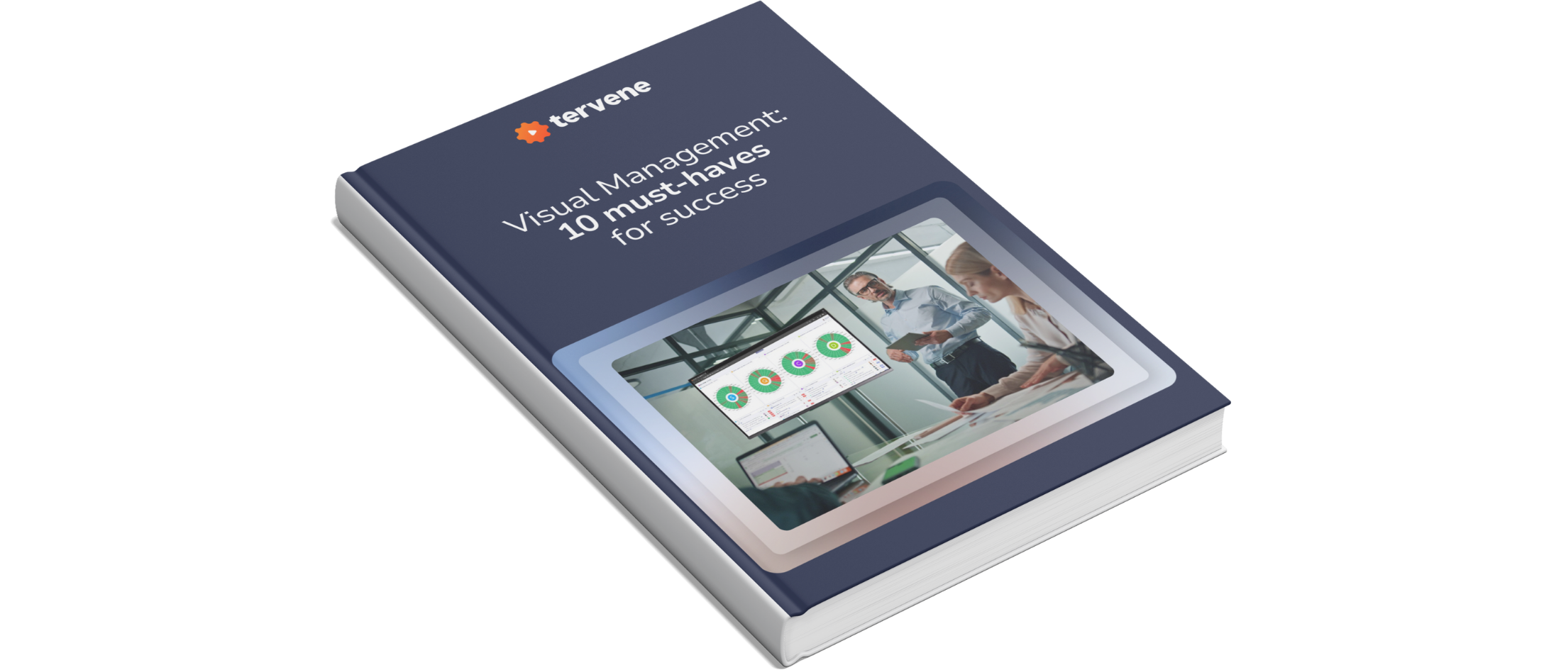EBook “Visual Management: 10 must-haves for success” cover shows a meeting illustrating Gemba Walks.