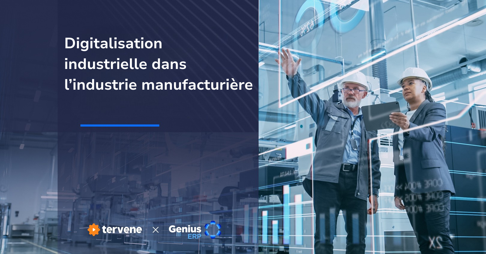 Deux responsables en usine analysent un affichage numérique. Visuel d’en-tête pour un guide 2026 sur la transformation digitale en manufacture.