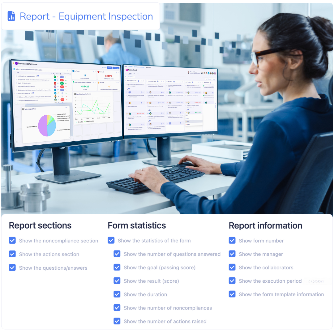 Woman reviews inspection report with Tervene DMS during tiered meeting in a modern office setting.