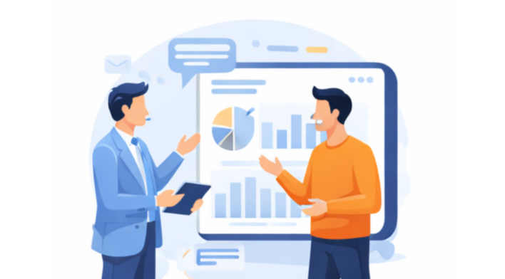 Two men review performance data on a large screen using Tervene’s Visual Management in a meeting area.
