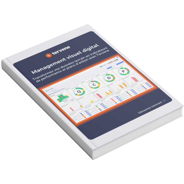 Couverture de l'e-book Tervene intitulé « Management visuel digital » montrant un tableau de bord SQCDP et une croix de sécurité sur une liseuse.