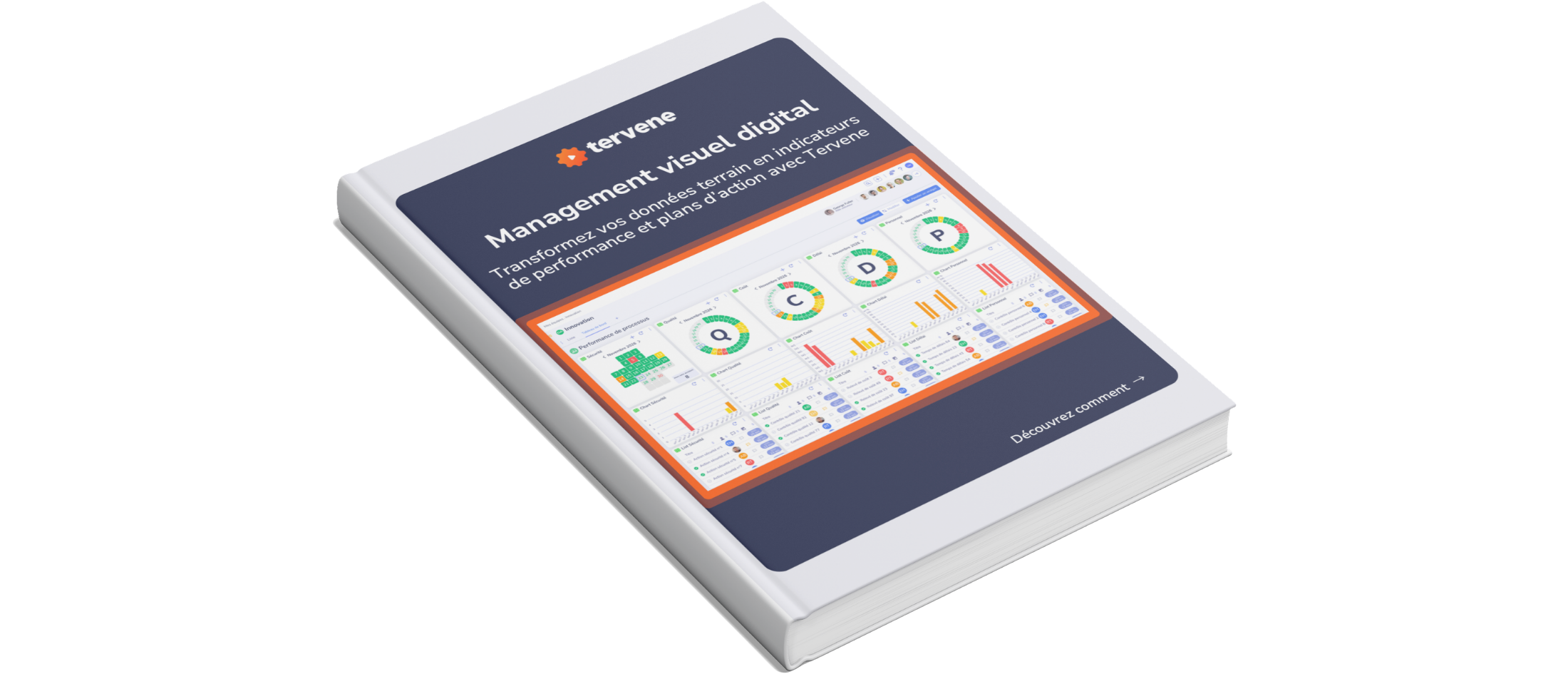 Couverture de l'e-book Tervene intitulé « Management visuel digital » montrant un tableau de bord SQCDP et une croix de sécurité sur une liseuse.