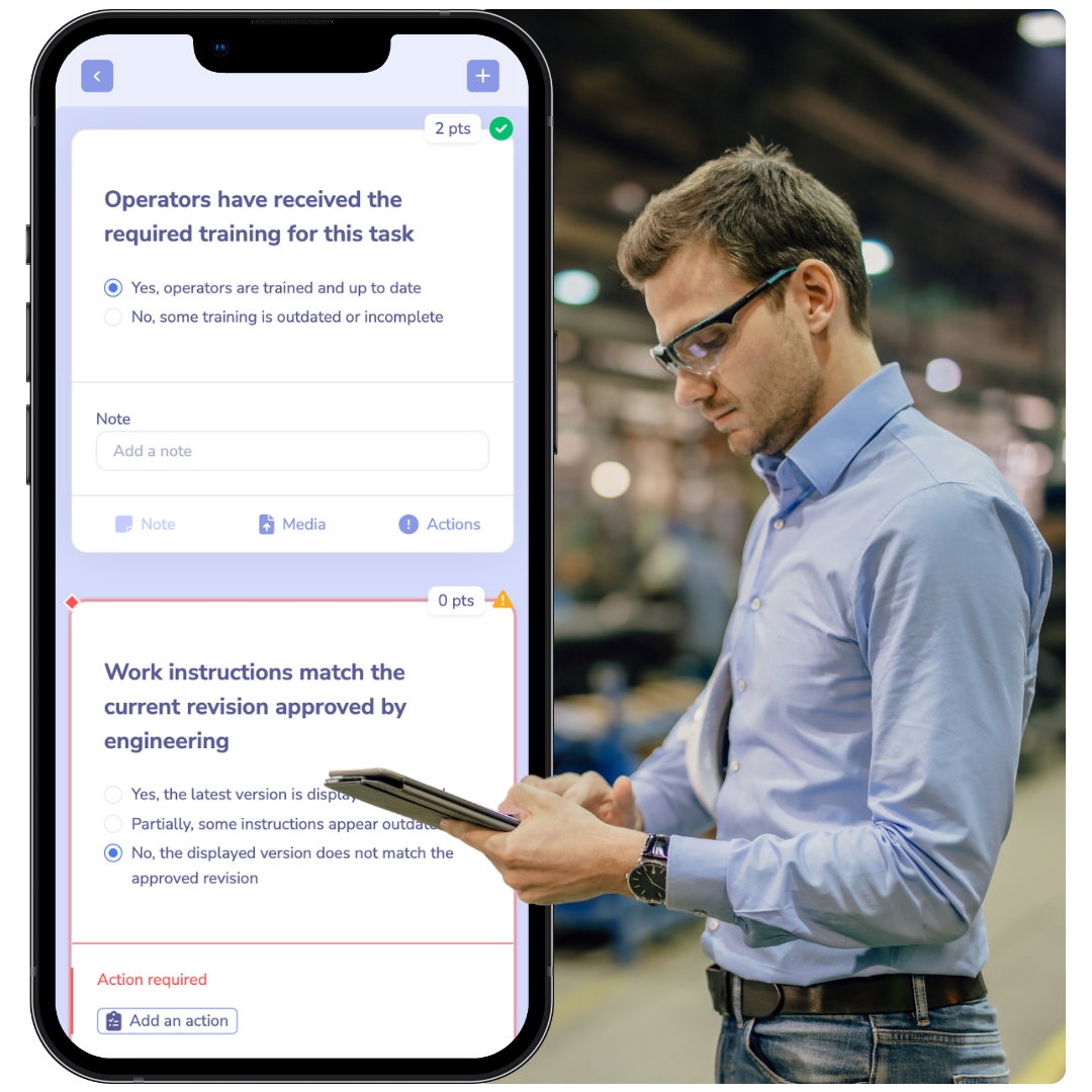 Factory worker uses tablet for Tervene digital inspections; phone shows audit checklist during Gemba Walks.