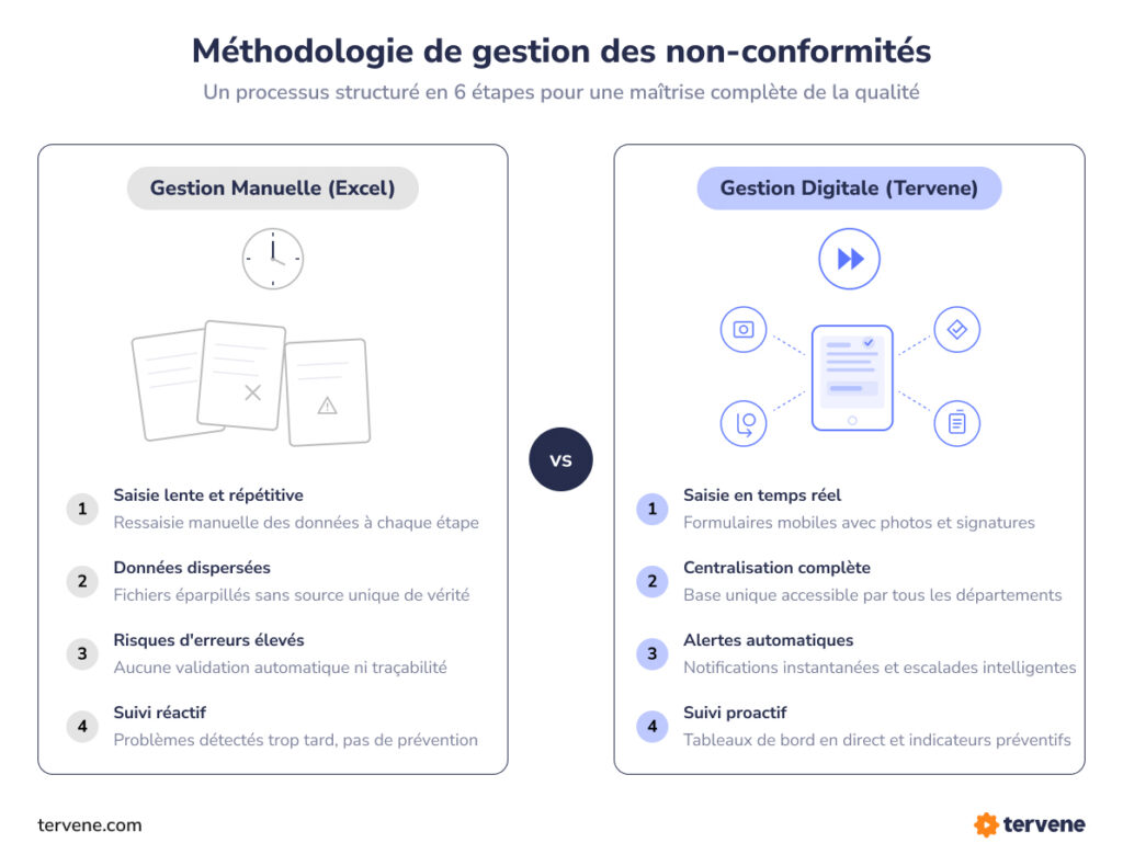 Tableau comparatif montrant les limites d'Excel (saisie lente, données dispersées, erreurs) face aux avantages de Tervene (saisie temps réel, centralisation, alertes auto).