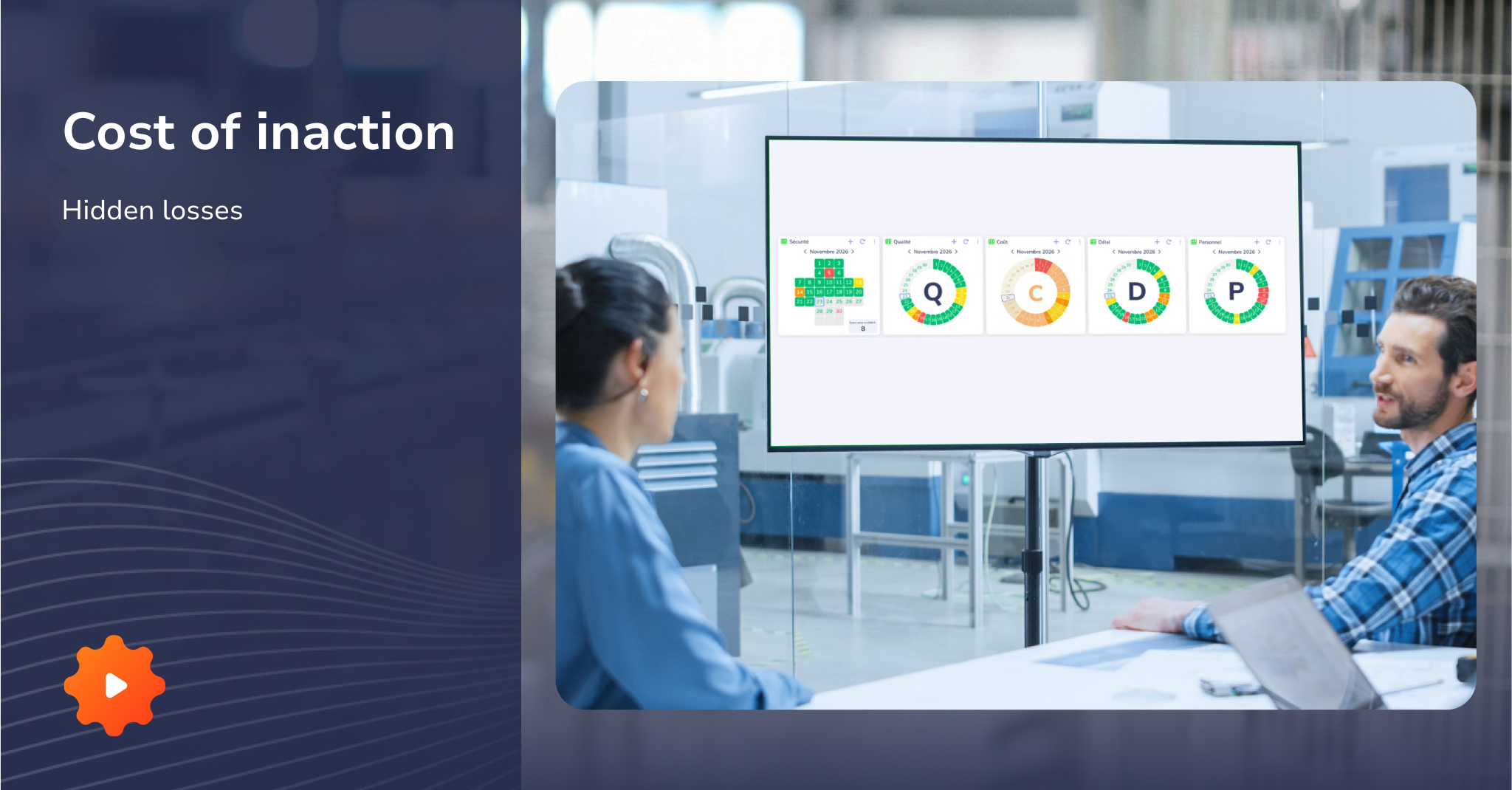 A production manager analyzing a Tervene digital SQCDP dashboard in a modern factory to identify and reduce the cost of inaction.