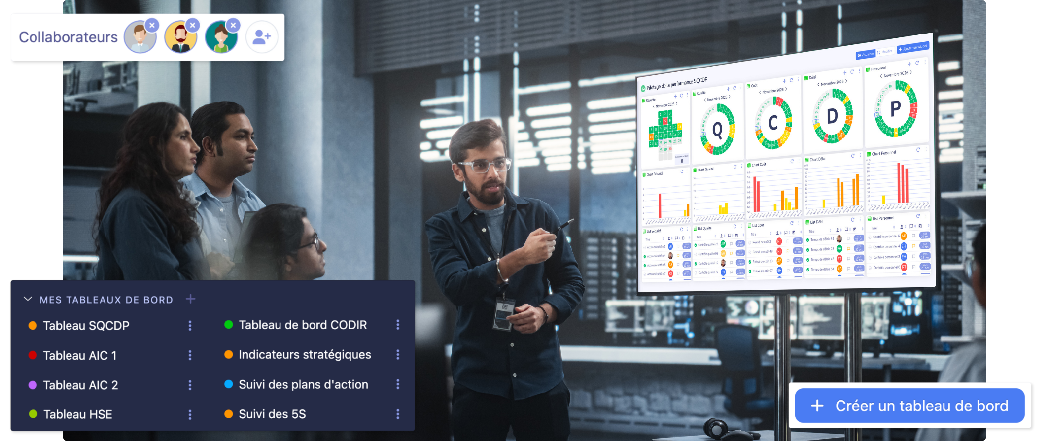 Une équipe collabore autour d'un tableau de bord de gestion visuelle numérique utilisant la GED de Tervene dans un bureau moderne.