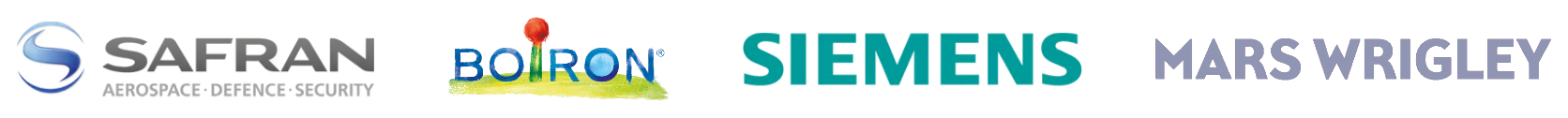 Logos de Safran, Boiron, Siemens et Mars Wrigley mettant en avant leur déploiement de Tervene.