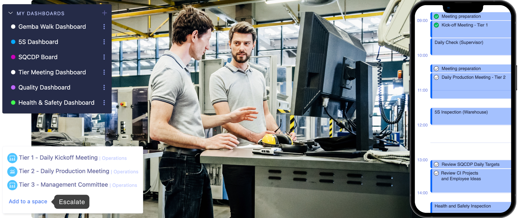 Two workers use Tervene for visual management, viewing factory dashboards and meeting schedules.